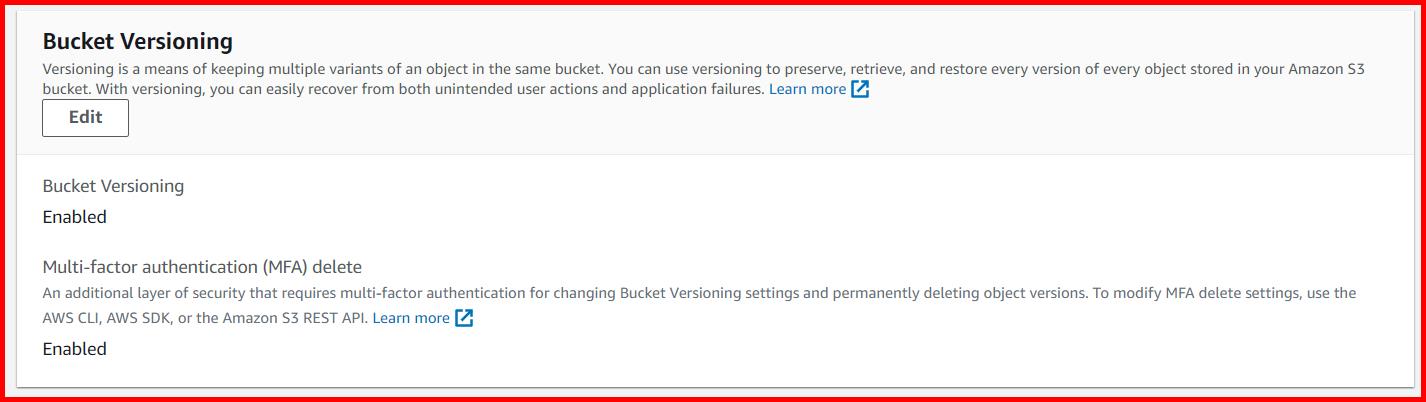 Picture showing the MFA Delete enabled in S3 bucket